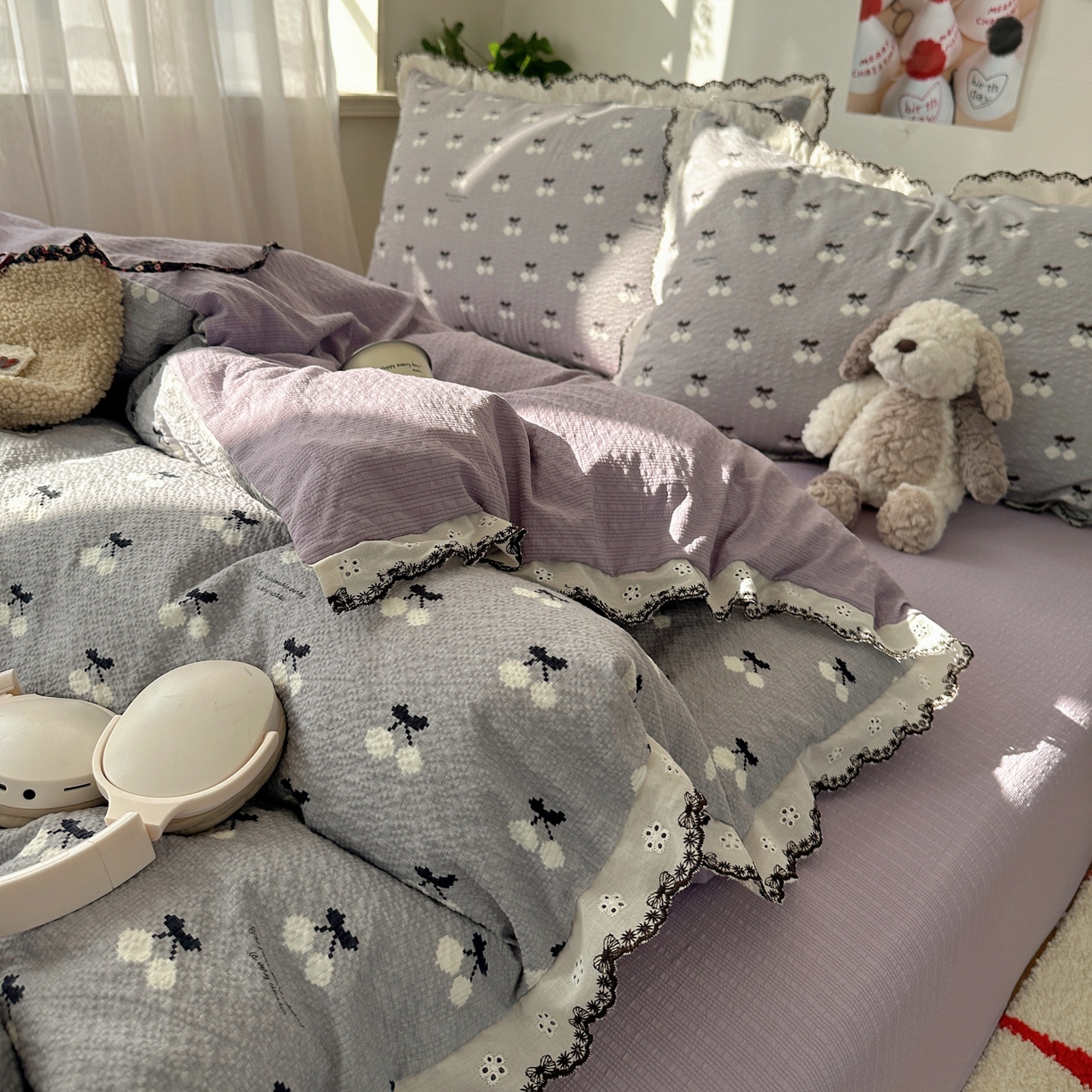 91家纺网 家纺一手货源 找家纺 顾里家纺 2026新款法式复古花边三层纱四件套（会员-2元） 灰紫樱桃