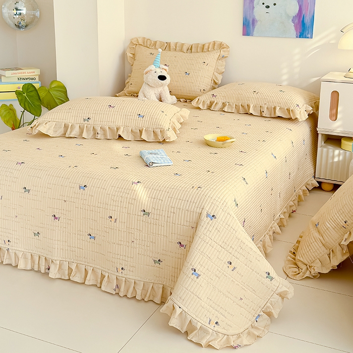 归属 2026春夏新款古法仿棉单床盖床盖三件套 狗狗家族