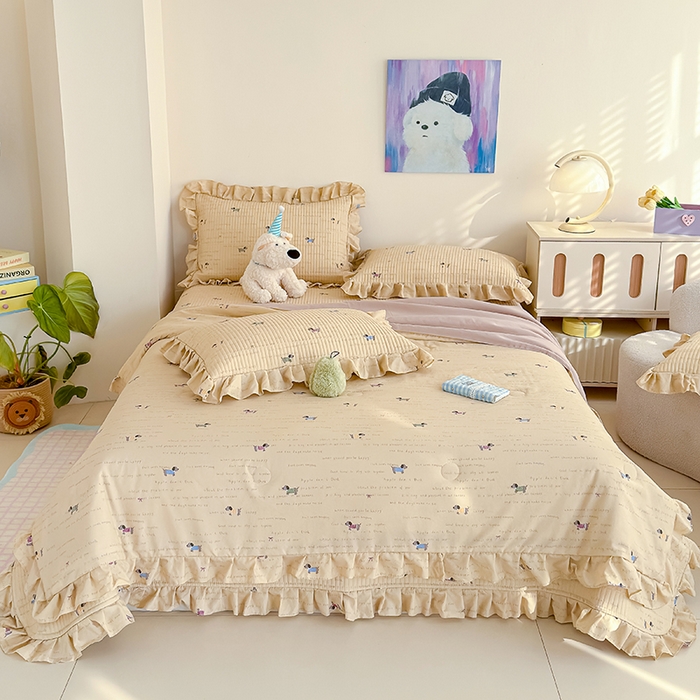 91家纺网 家纺一手货源 找家纺 归属 2026春夏新款古法仿棉单床盖床盖三件套 狗狗家族