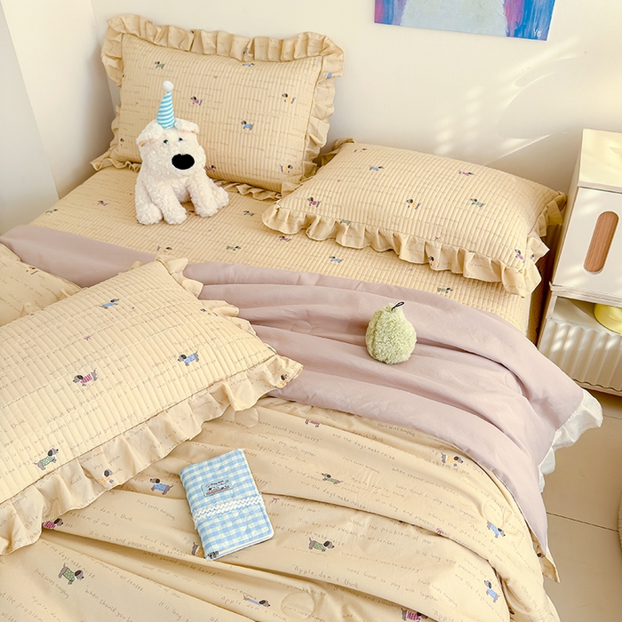 91家纺网 家纺一手货源 找家纺 归属 2026春夏新款古法仿棉单床盖床盖三件套 狗狗家族