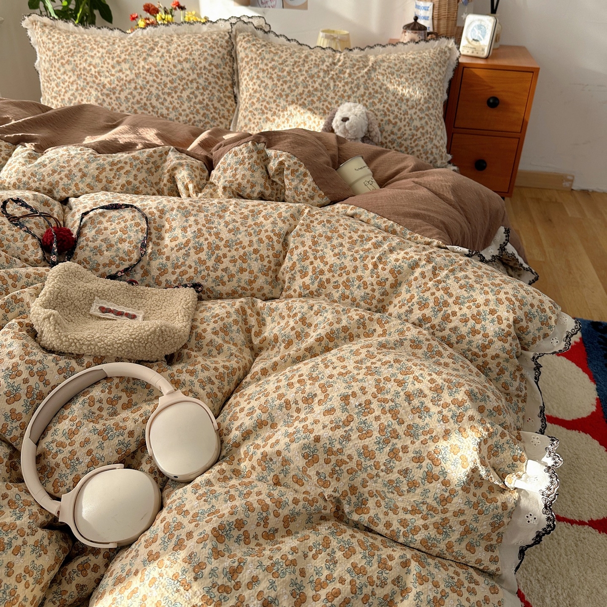 91家纺网 家纺一手货源 找家纺 顾里家纺 2026新款法式复古花边三层纱四件套（会员-2元） 焦糖郎姆