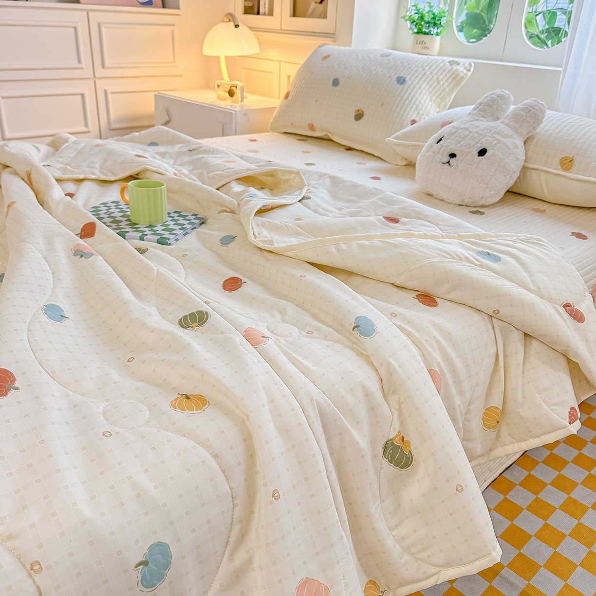 慕澄家纺 2026新款小清新印花水洗棉床盖夏被四件套 彩色南瓜