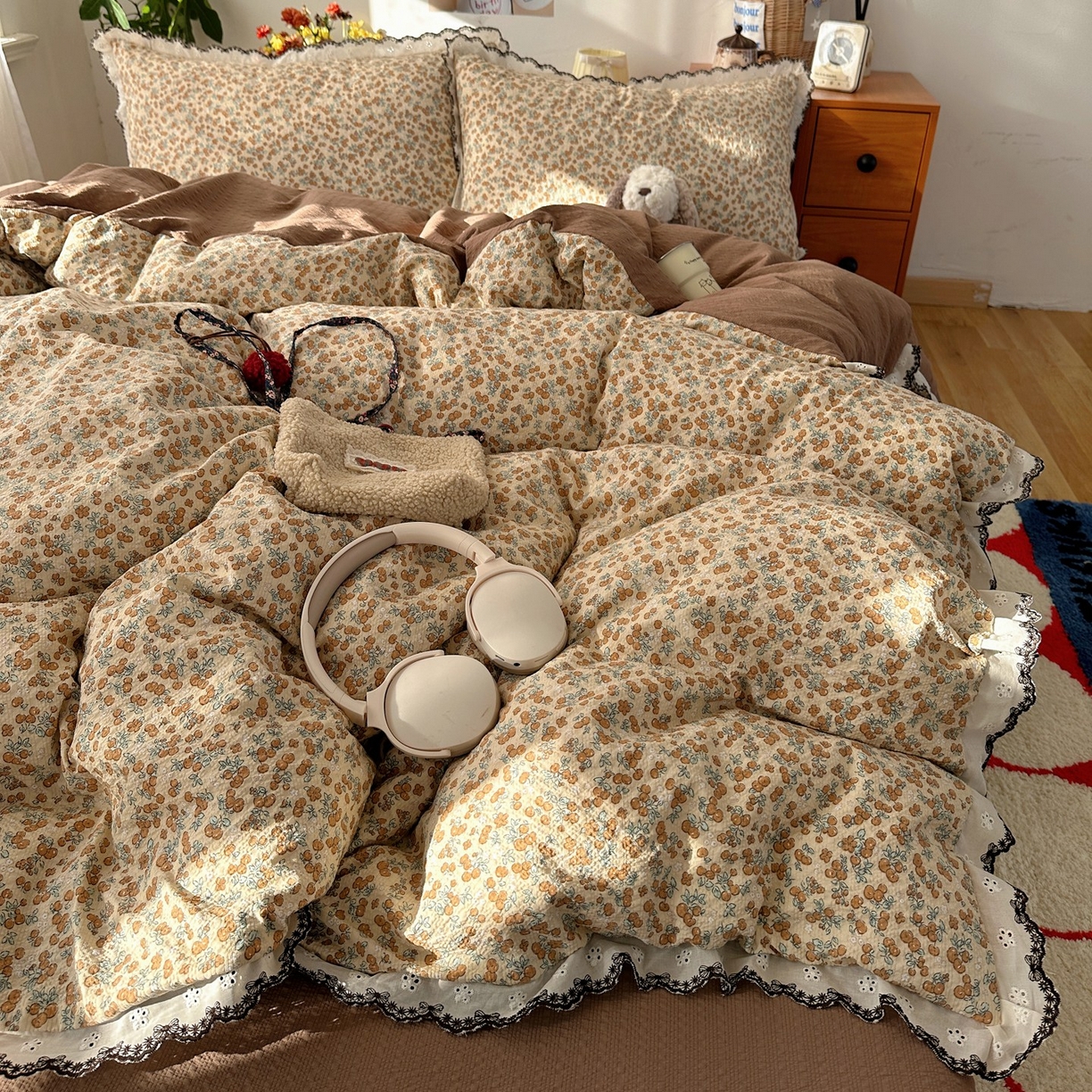 91家纺网 家纺一手货源 找家纺 顾里家纺 2026新款法式复古花边三层纱四件套（会员-2元） 焦糖郎姆