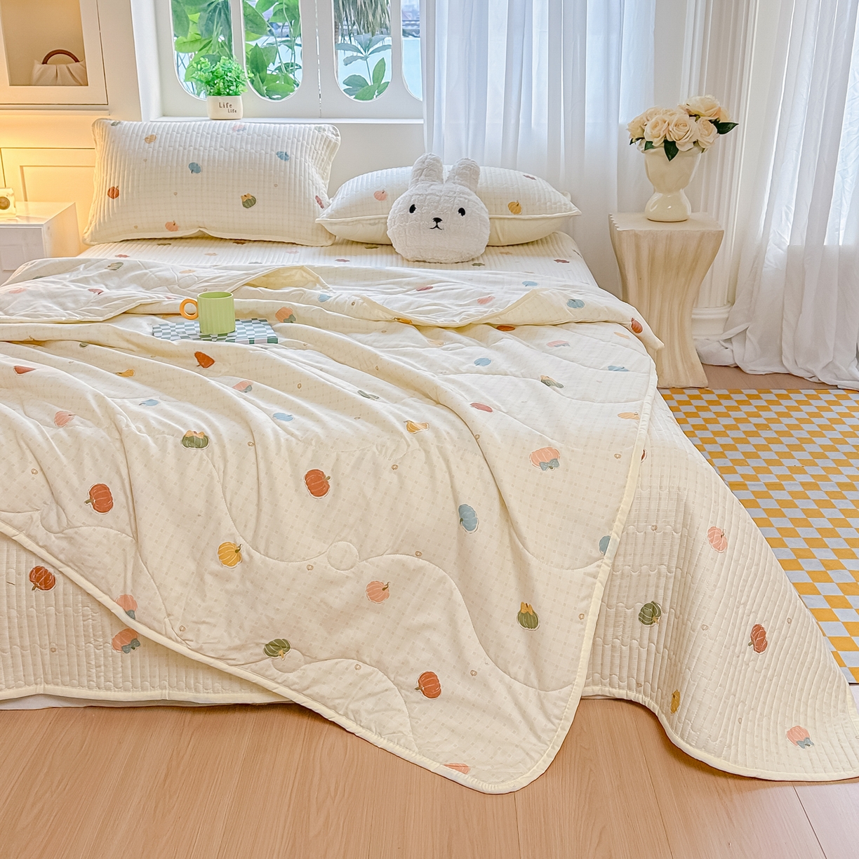 91家纺网 家纺一手货源 找家纺 慕澄家纺 2026新款小清新印花水洗棉床盖夏被四件套 彩色南瓜