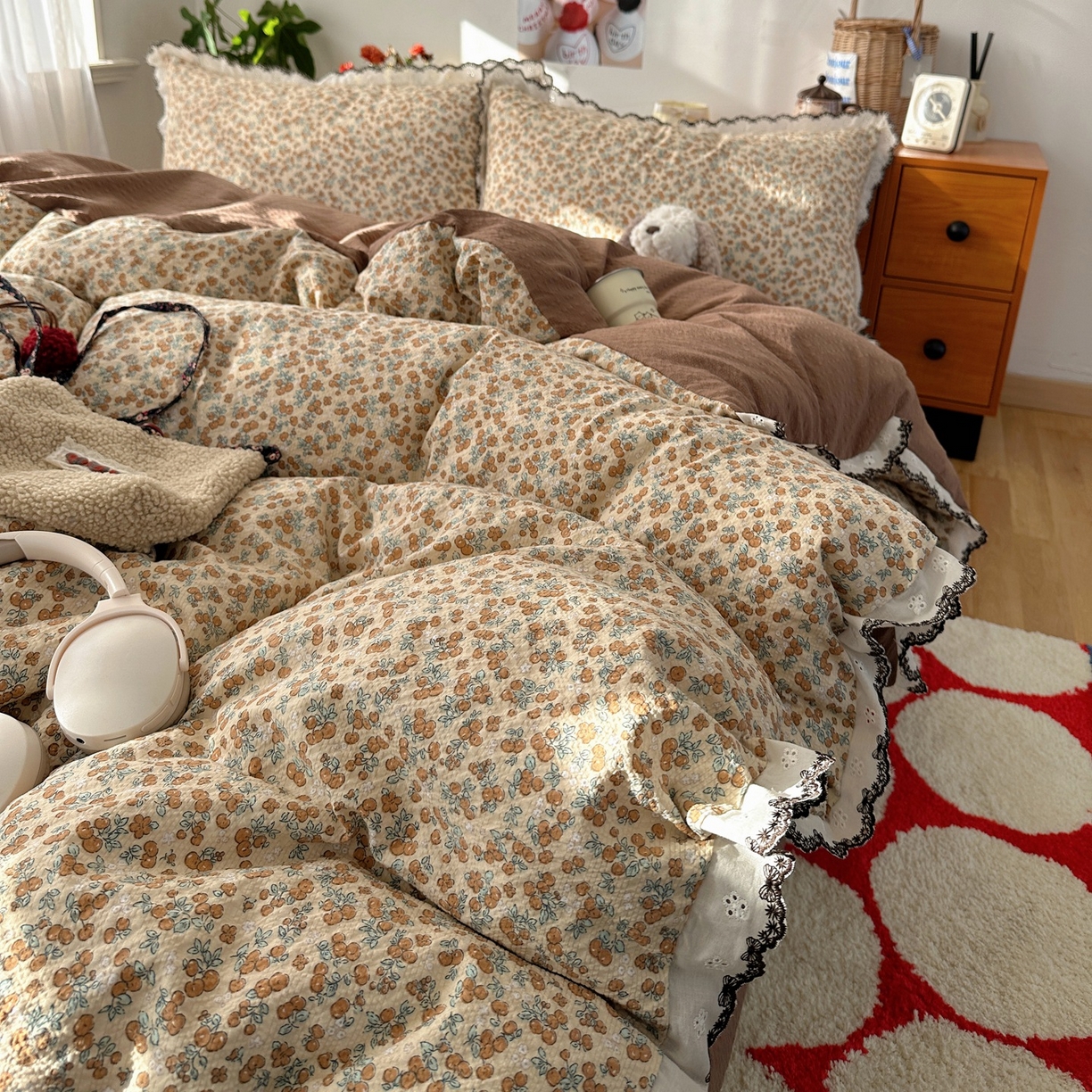 91家纺网 家纺一手货源 找家纺 顾里家纺 2026新款法式复古花边三层纱四件套（会员-2元） 焦糖郎姆