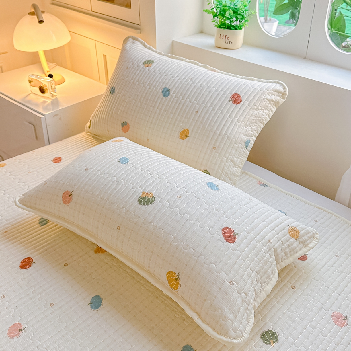 91家纺网 家纺一手货源 找家纺 慕澄家纺 2026新款小清新印花水洗棉床盖夏被四件套 彩色南瓜