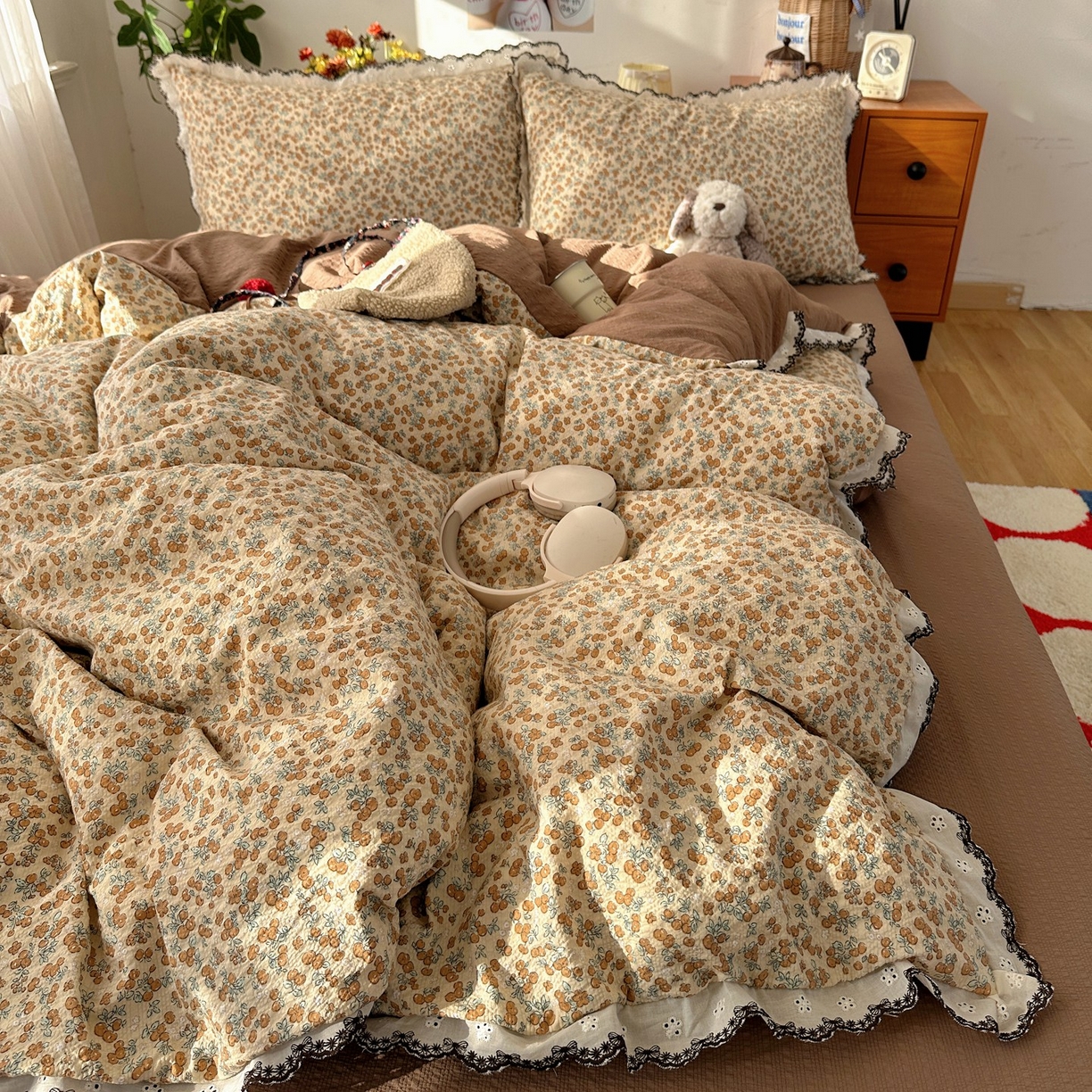 91家纺网 家纺一手货源 找家纺 顾里家纺 2026新款法式复古花边三层纱四件套（会员-2元） 焦糖郎姆