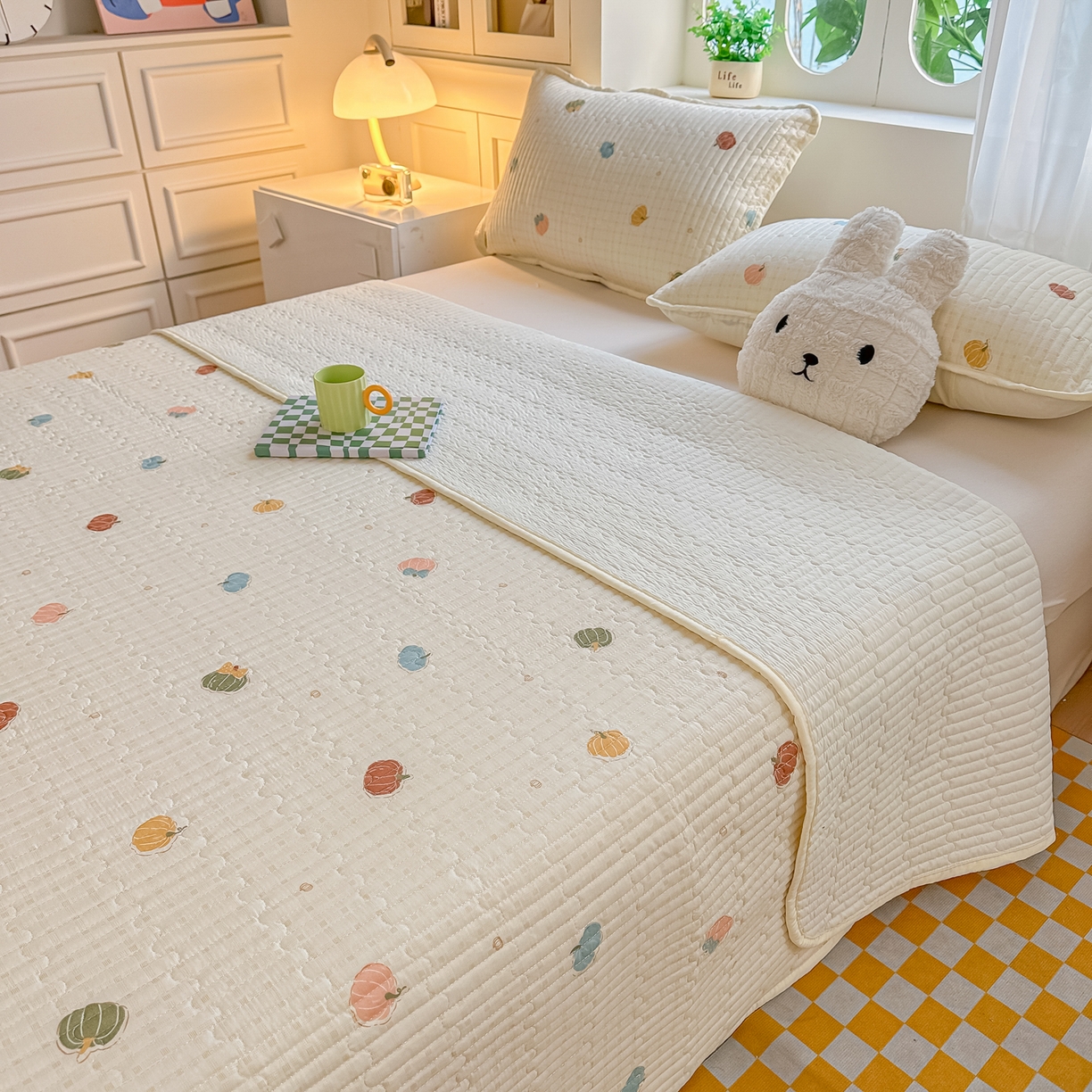 91家纺网 家纺一手货源 找家纺 慕澄家纺 2026新款小清新印花水洗棉床盖夏被四件套 彩色南瓜