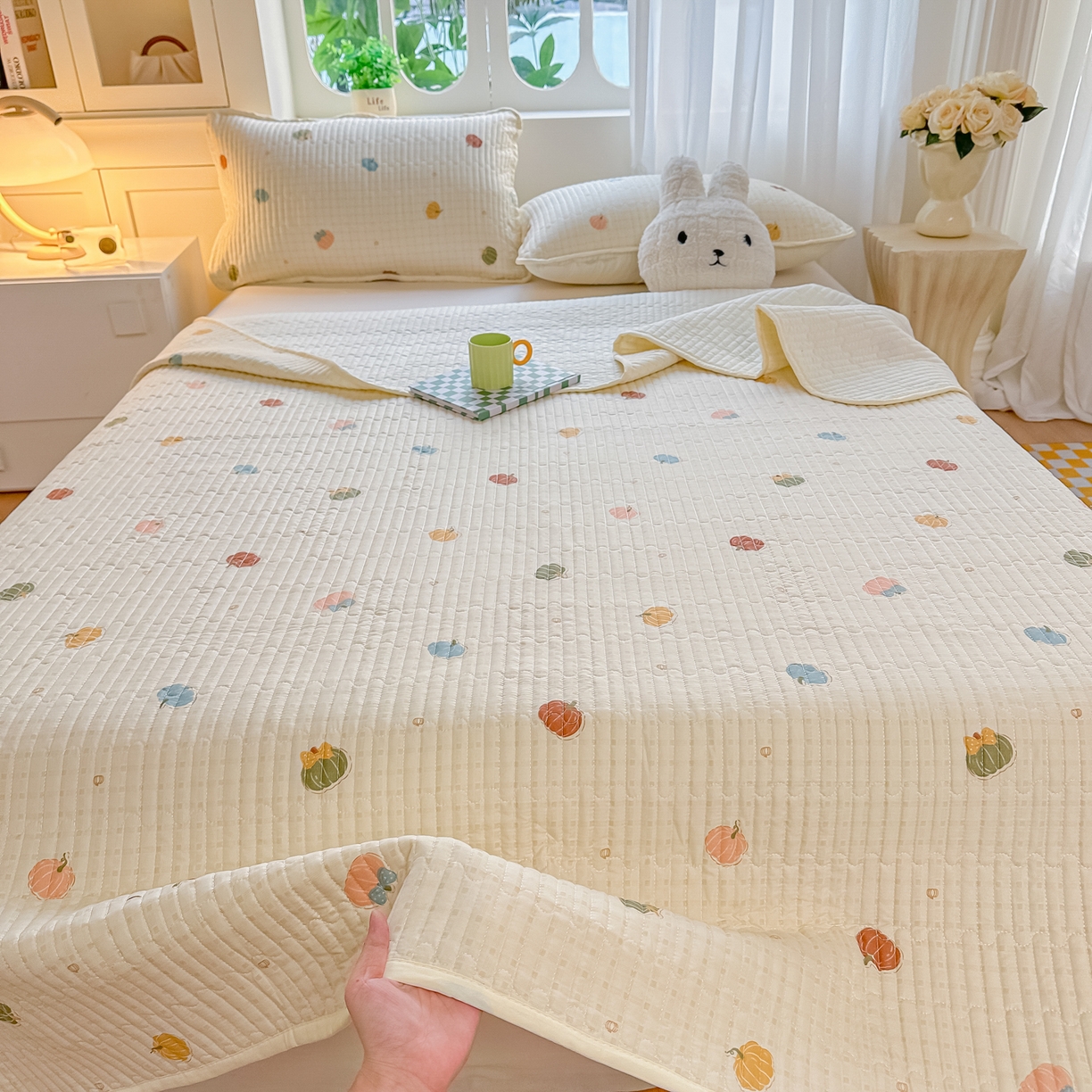 91家纺网 家纺一手货源 找家纺 慕澄家纺 2026新款小清新印花水洗棉床盖夏被四件套 彩色南瓜