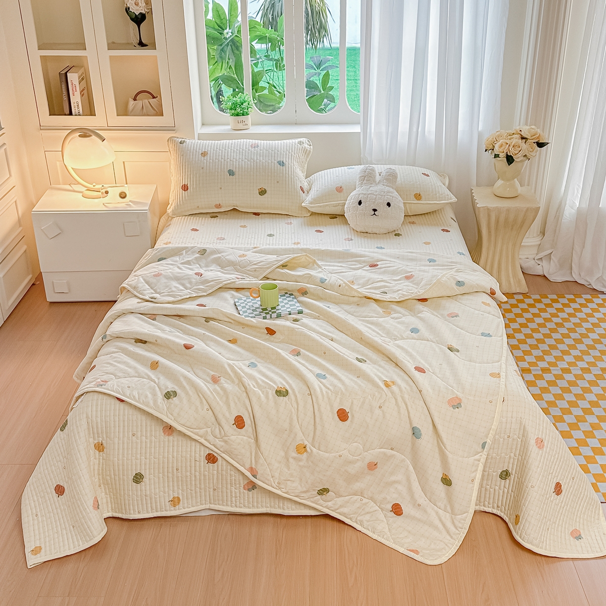 91家纺网 家纺一手货源 找家纺 慕澄家纺 2026新款小清新印花水洗棉床盖夏被四件套 彩色南瓜