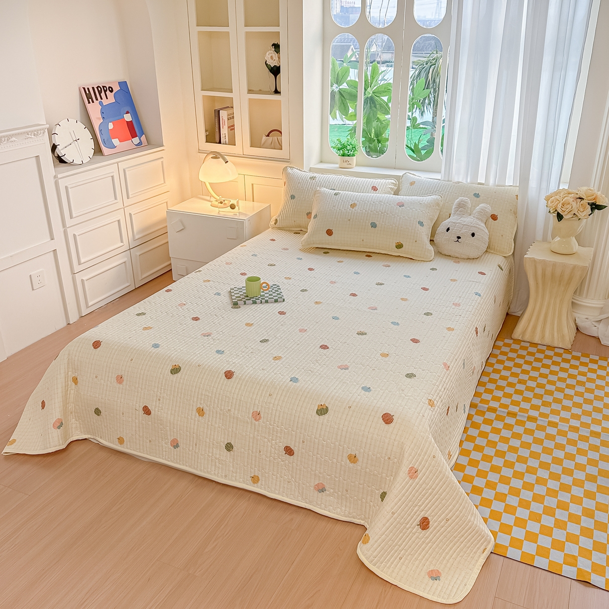 91家纺网 家纺一手货源 找家纺 慕澄家纺 2026新款小清新印花水洗棉床盖夏被四件套 彩色南瓜