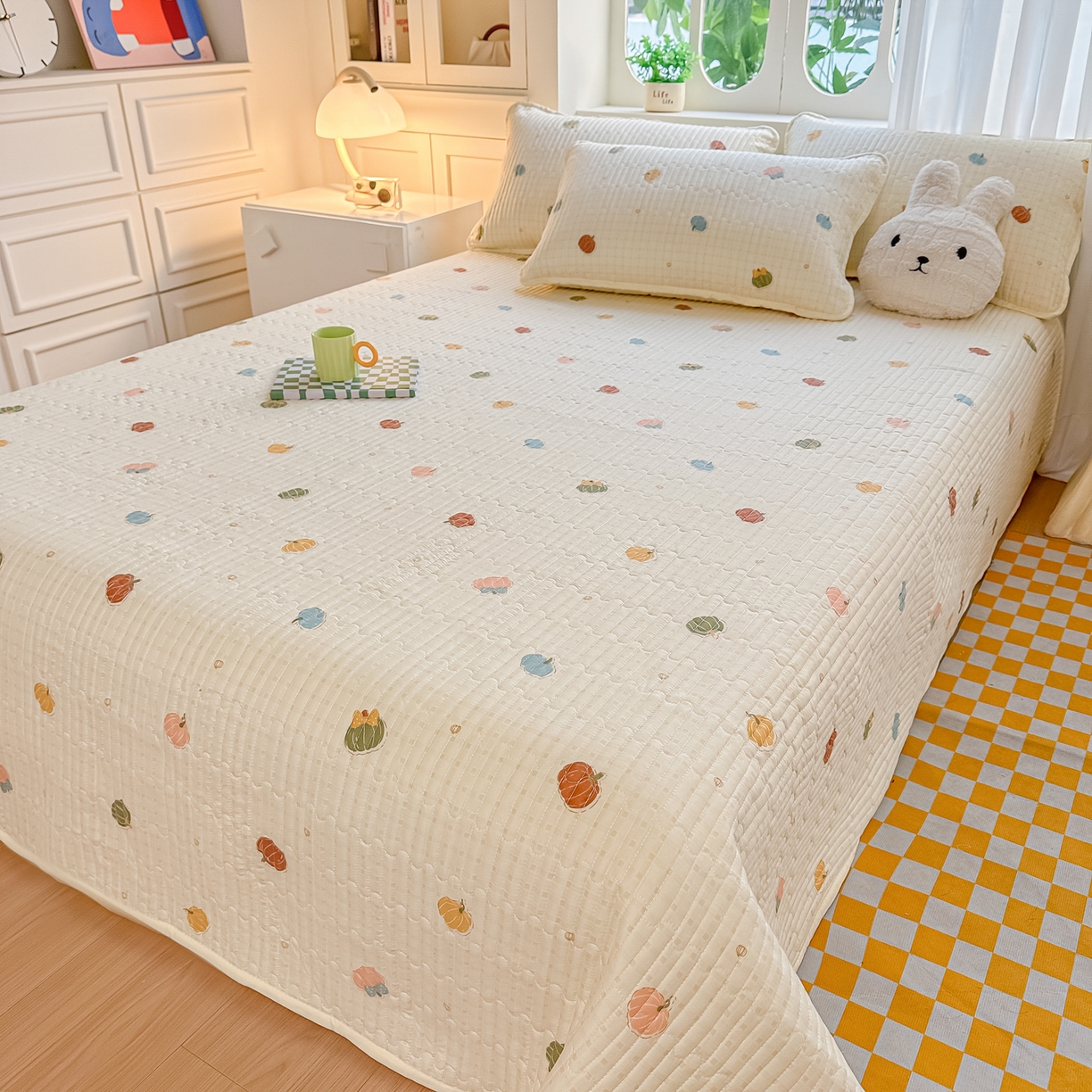 91家纺网 家纺一手货源 找家纺 慕澄家纺 2026新款小清新印花水洗棉床盖夏被四件套 彩色南瓜