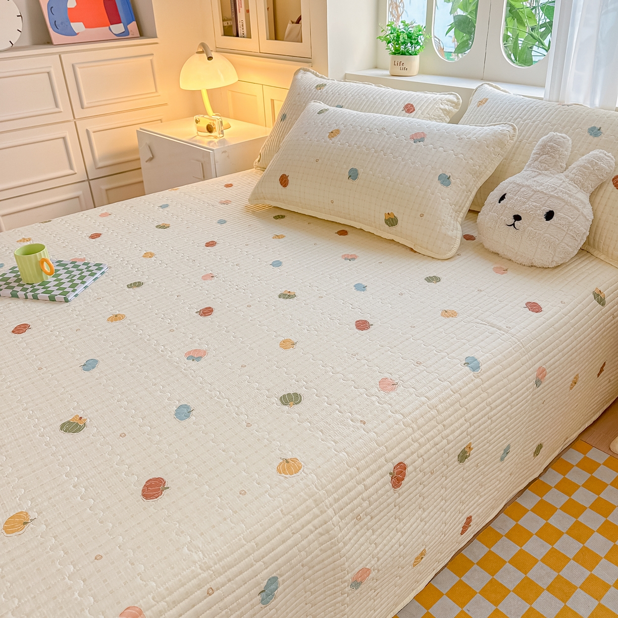 91家纺网 家纺一手货源 找家纺 慕澄家纺 2026新款小清新印花水洗棉床盖夏被四件套 彩色南瓜