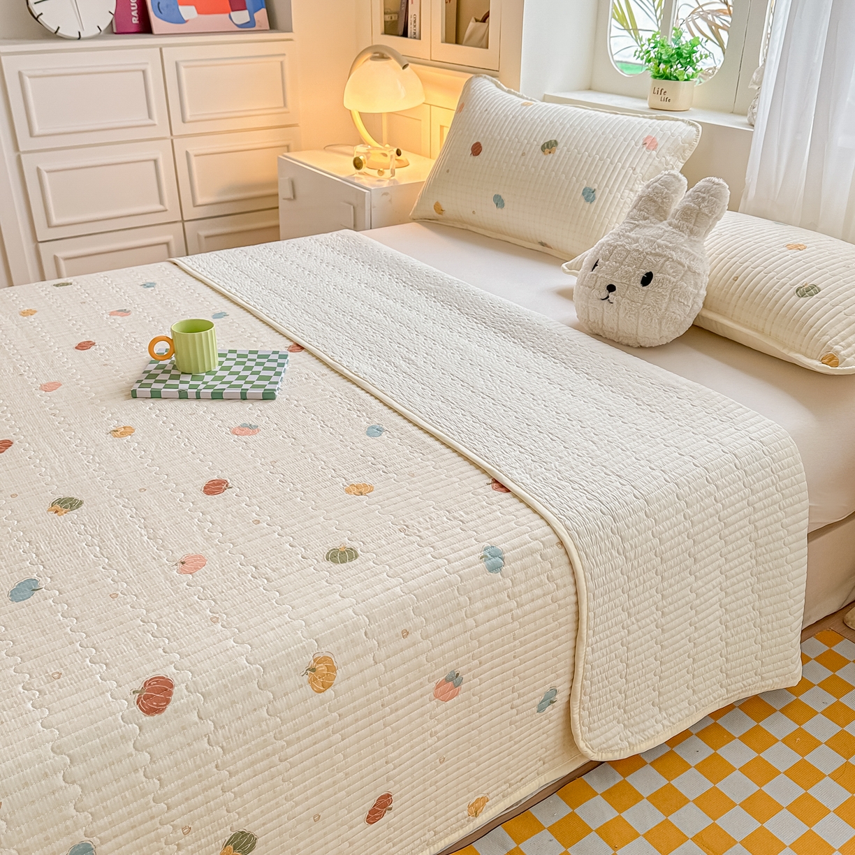 91家纺网 家纺一手货源 找家纺 慕澄家纺 2026新款小清新印花水洗棉床盖夏被四件套 彩色南瓜