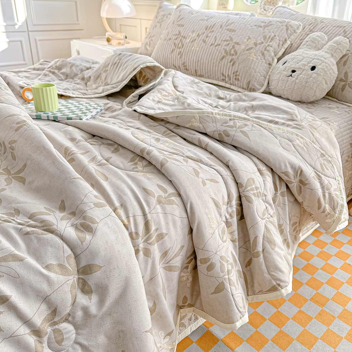 慕澄家纺 2026新款小清新印花水洗棉床盖夏被四件套 灰叶