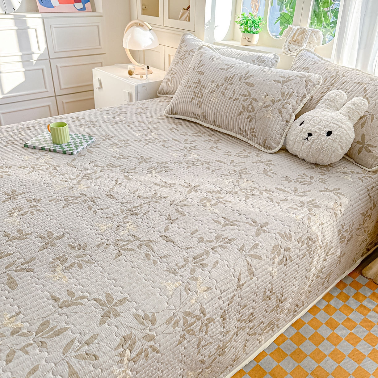 91家纺网 家纺一手货源 找家纺 慕澄家纺 2026新款小清新印花水洗棉床盖夏被四件套 灰叶