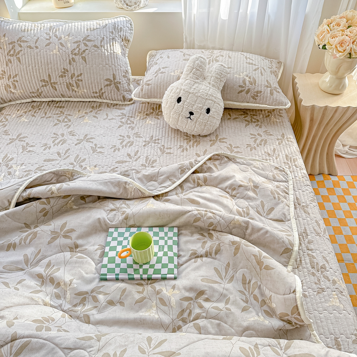 91家纺网 家纺一手货源 找家纺 慕澄家纺 2026新款小清新印花水洗棉床盖夏被四件套 灰叶