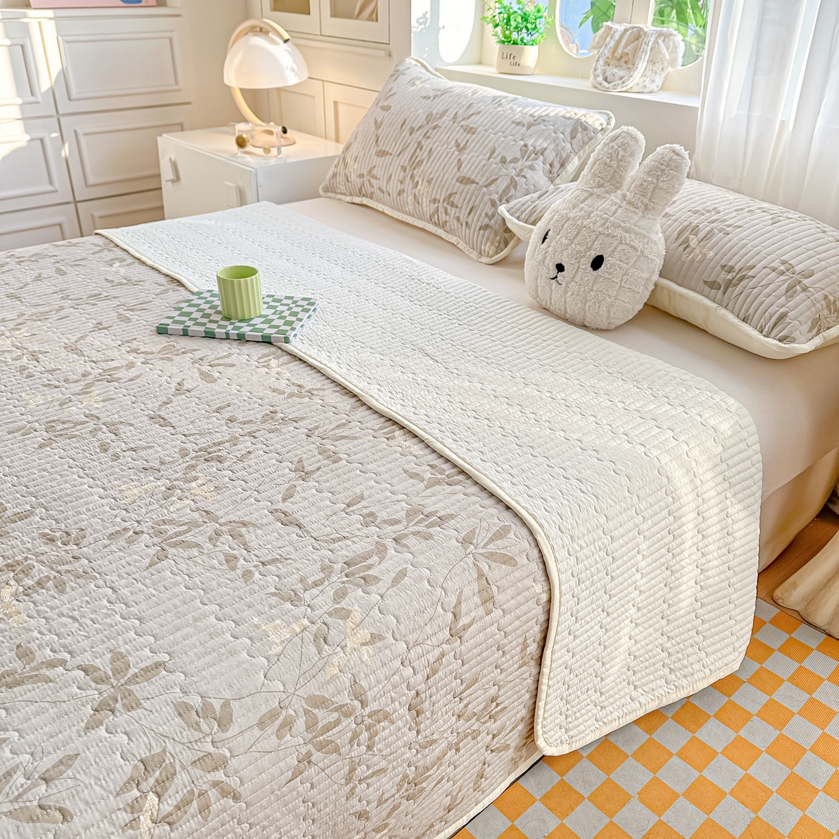 91家纺网 家纺一手货源 找家纺 慕澄家纺 2026新款小清新印花水洗棉床盖夏被四件套 灰叶