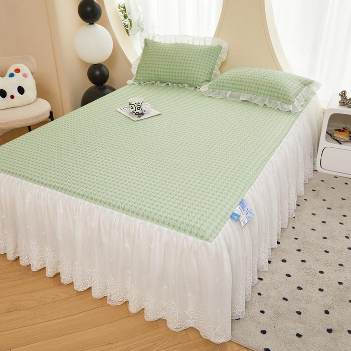 91家纺网 家纺一手货源 找家纺 怡源梦 2026新款A类PE高分子凉感软席提花冰豆豆床裙席子凉席-千鸟格 千鸟格-绿色