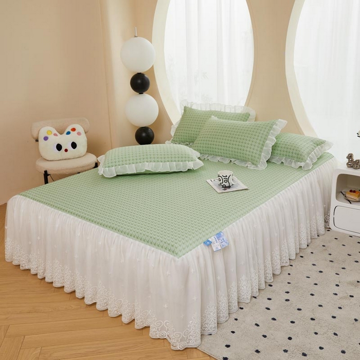 91家纺网 家纺一手货源 找家纺 怡源梦 2026新款A类PE高分子凉感软席提花冰豆豆床裙席子凉席-千鸟格 千鸟格-绿色