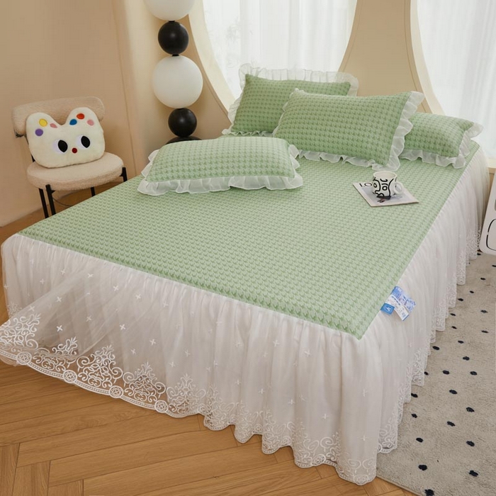 91家纺网 家纺一手货源 找家纺 怡源梦 2026新款A类PE高分子凉感软席提花冰豆豆床裙席子凉席-千鸟格 千鸟格-绿色