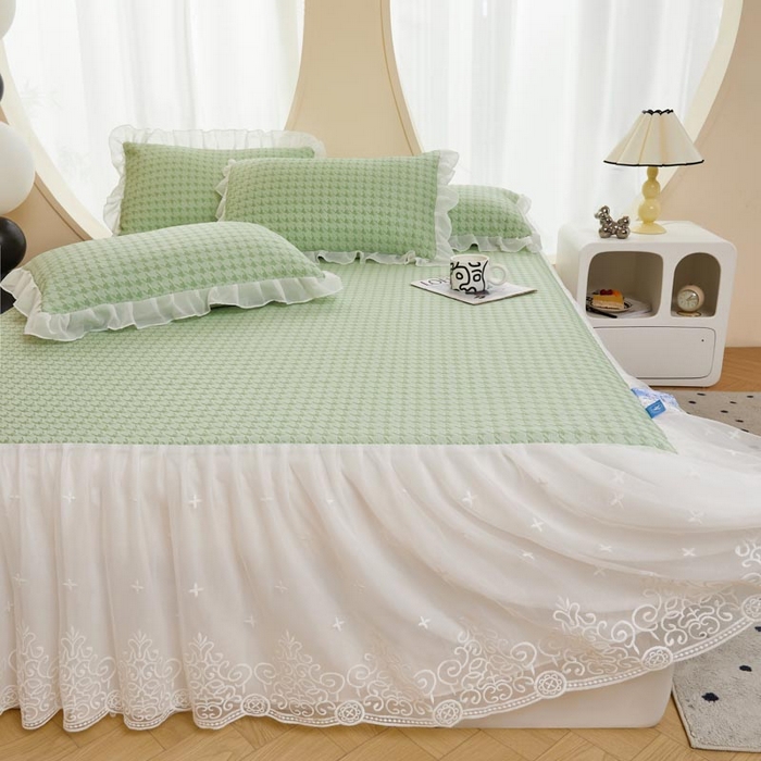 91家纺网 家纺一手货源 找家纺 怡源梦 2026新款A类PE高分子凉感软席提花冰豆豆床裙席子凉席-千鸟格 千鸟格-绿色