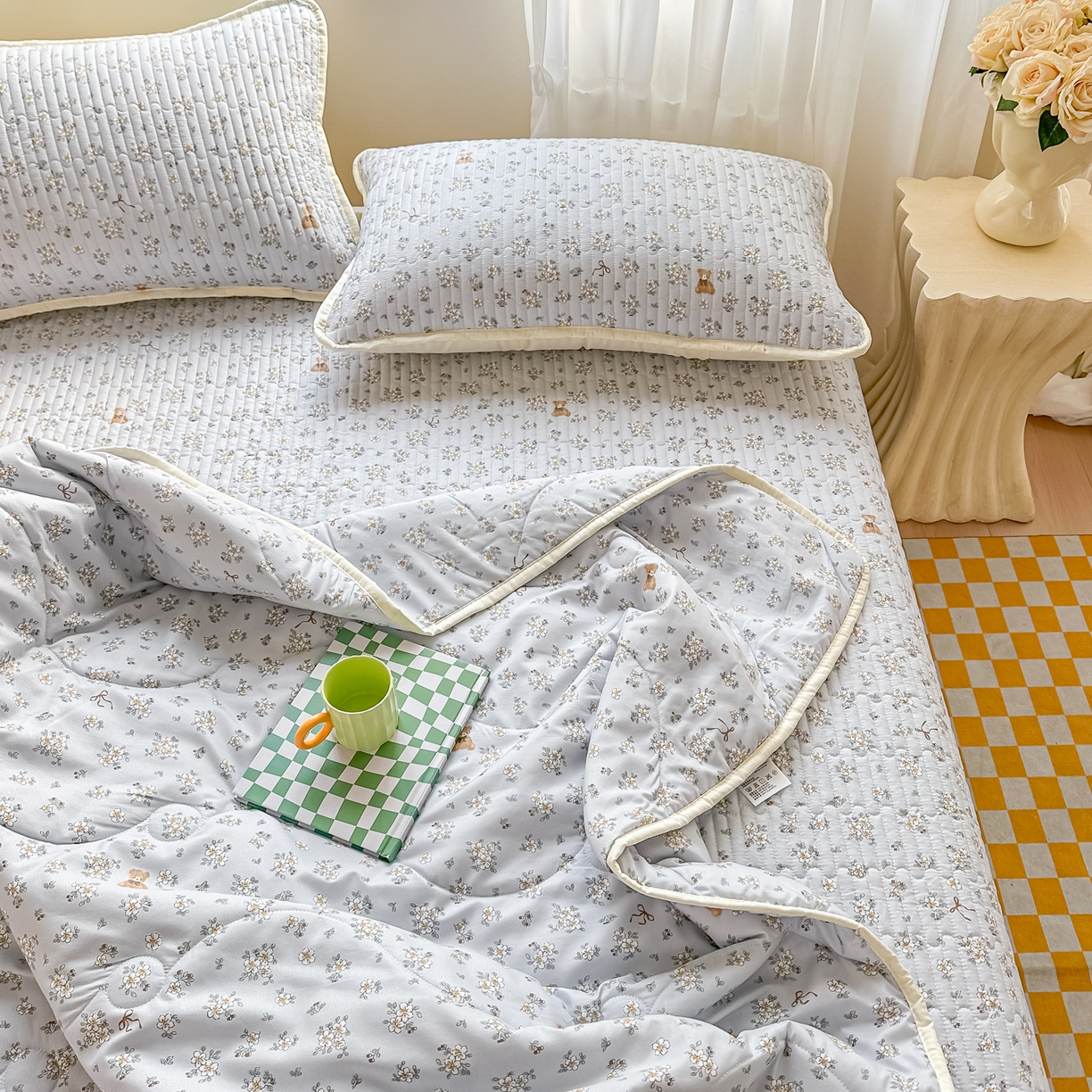 91家纺网 家纺一手货源 找家纺 慕澄家纺 2026新款小清新印花水洗棉床盖夏被四件套 可爱小熊