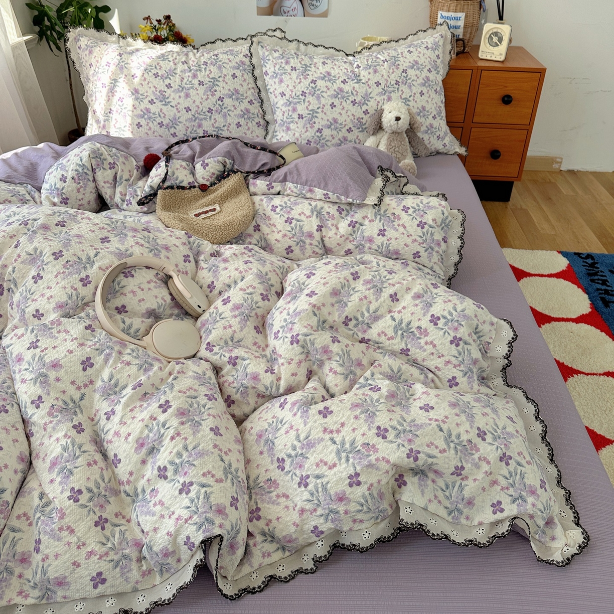 91家纺网 家纺一手货源 找家纺 顾里家纺 2026新款法式复古花边三层纱四件套（会员-2元） 梦莲幻花