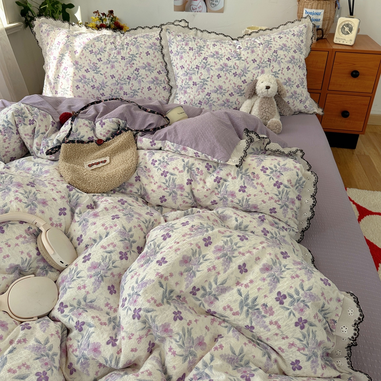 91家纺网 家纺一手货源 找家纺 顾里家纺 2026新款法式复古花边三层纱四件套（会员-2元） 梦莲幻花