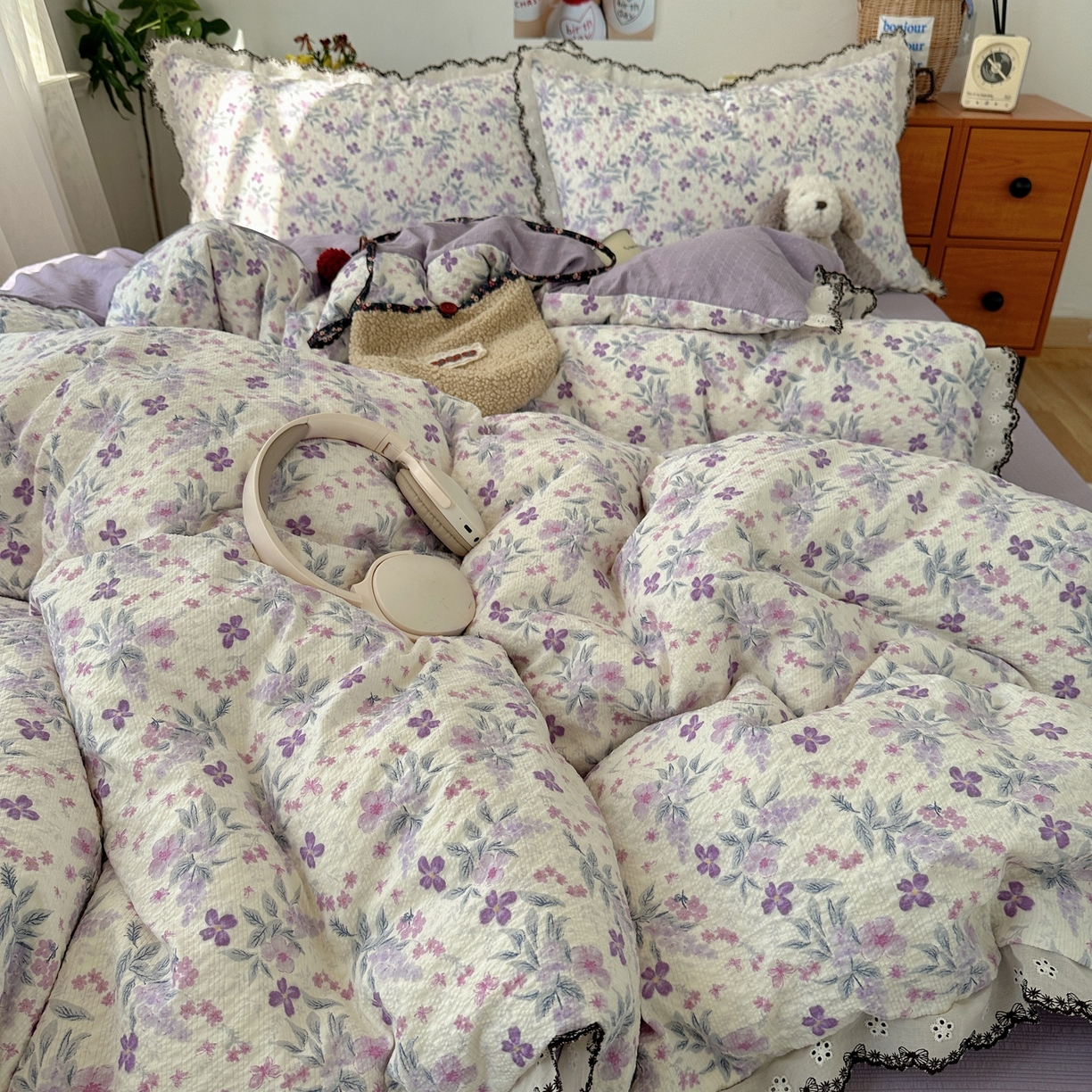 91家纺网 家纺一手货源 找家纺 顾里家纺 2026新款法式复古花边三层纱四件套（会员-2元） 梦莲幻花