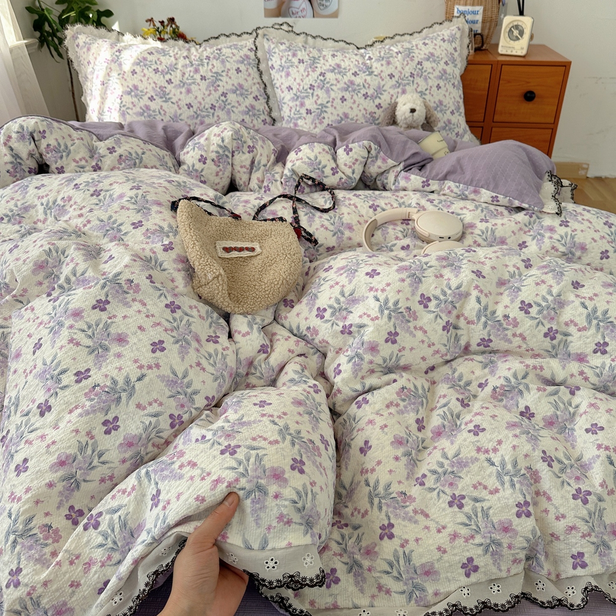 91家纺网 家纺一手货源 找家纺 顾里家纺 2026新款法式复古花边三层纱四件套（会员-2元） 梦莲幻花