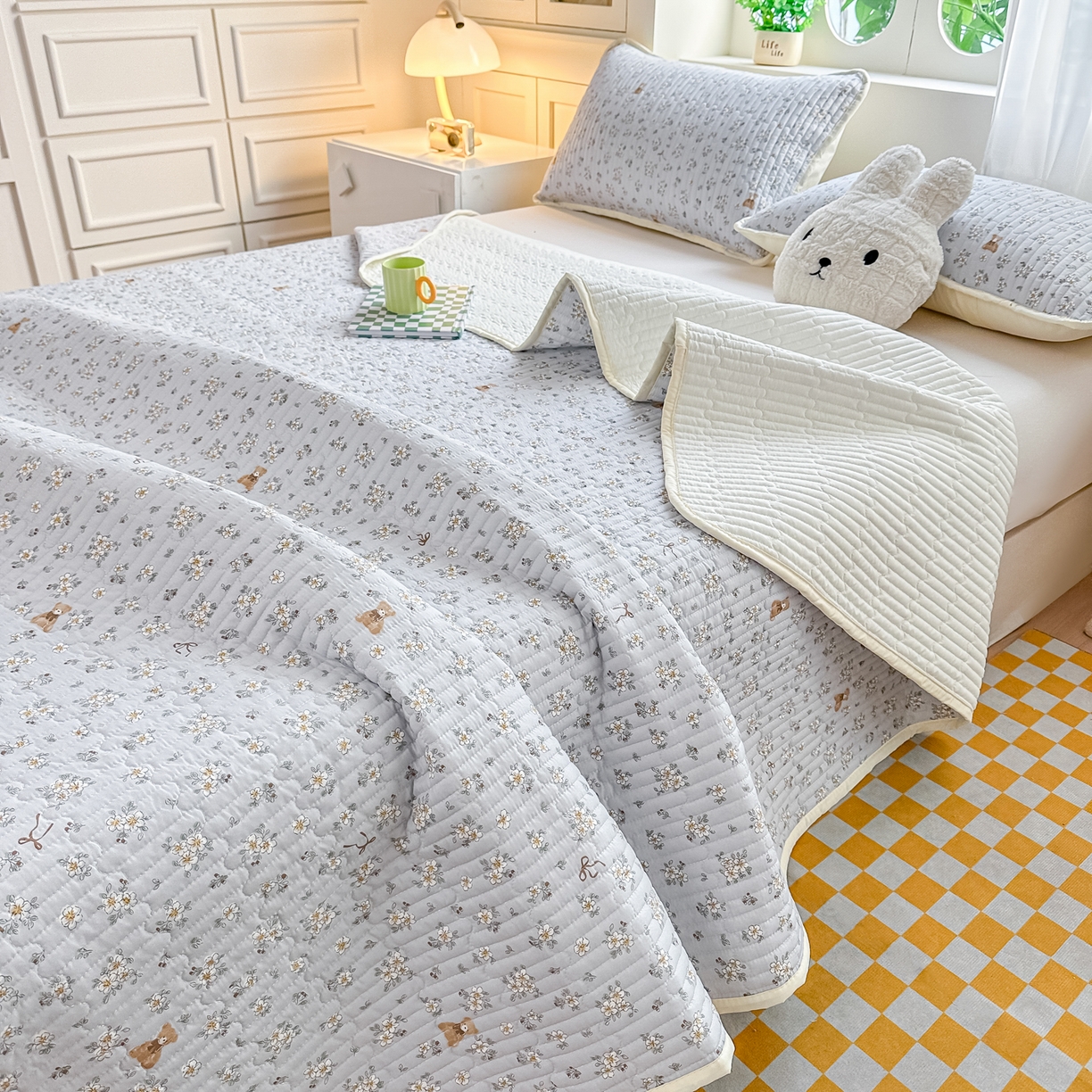 91家纺网 家纺一手货源 找家纺 慕澄家纺 2026新款小清新印花水洗棉床盖夏被四件套 可爱小熊