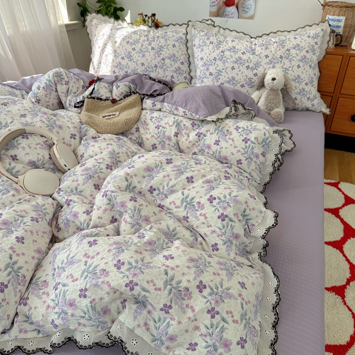 91家纺网 家纺一手货源 找家纺 顾里家纺 2026新款法式复古花边三层纱四件套（会员-2元） 梦莲幻花