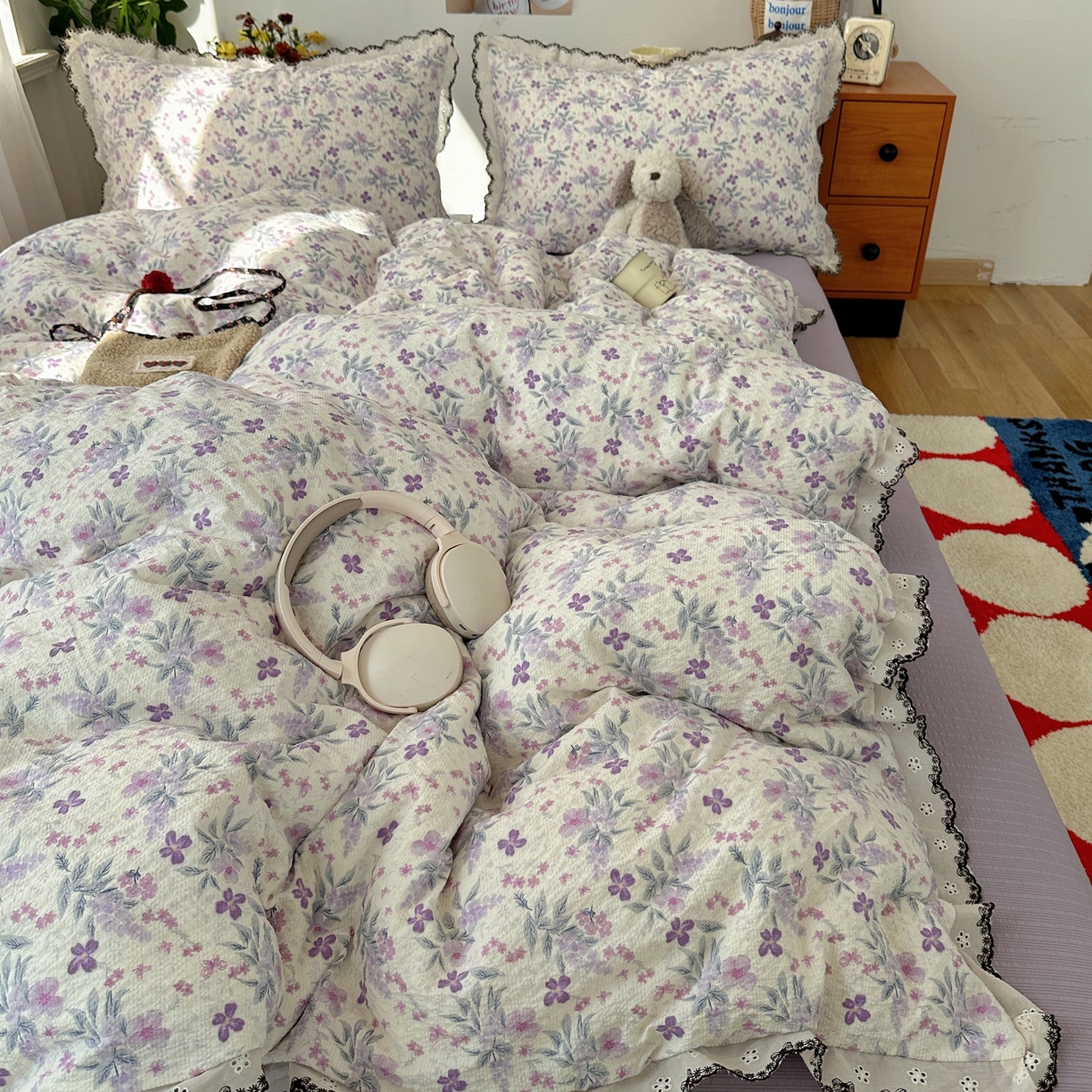 91家纺网 家纺一手货源 找家纺 顾里家纺 2026新款法式复古花边三层纱四件套（会员-2元） 梦莲幻花