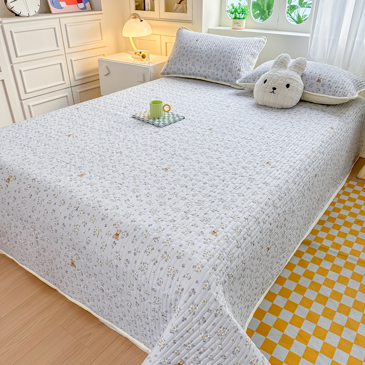 91家纺网 家纺一手货源 找家纺 慕澄家纺 2026新款小清新印花水洗棉床盖夏被四件套 可爱小熊