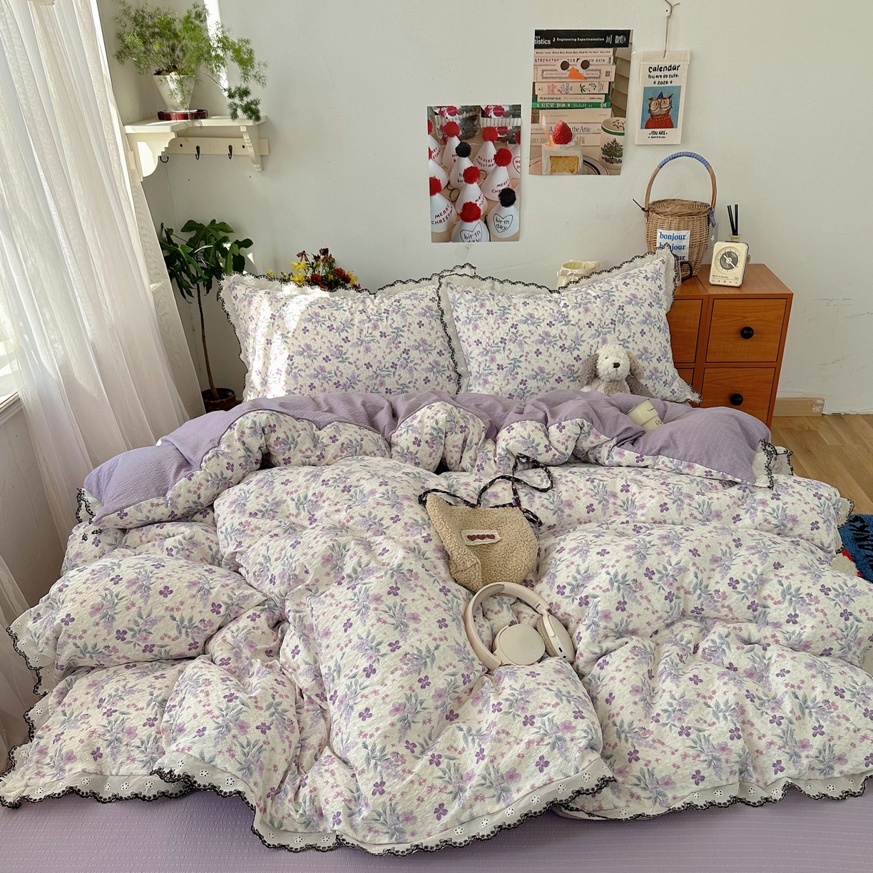 91家纺网 家纺一手货源 找家纺 顾里家纺 2026新款法式复古花边三层纱四件套（会员-2元） 梦莲幻花