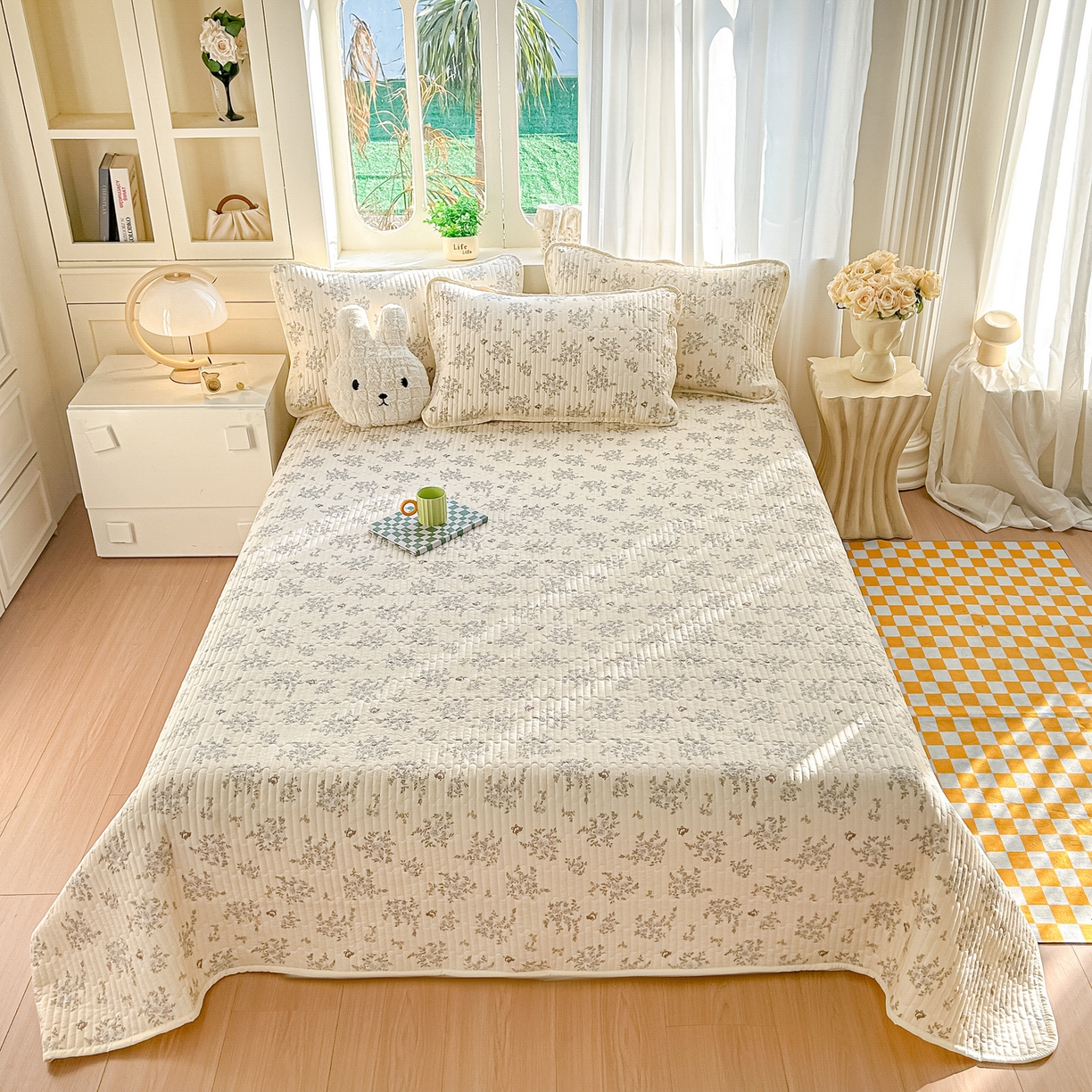 91家纺网 家纺一手货源 找家纺 慕澄家纺 2026新款小清新印花水洗棉床盖夏被四件套 蓝花樱桃