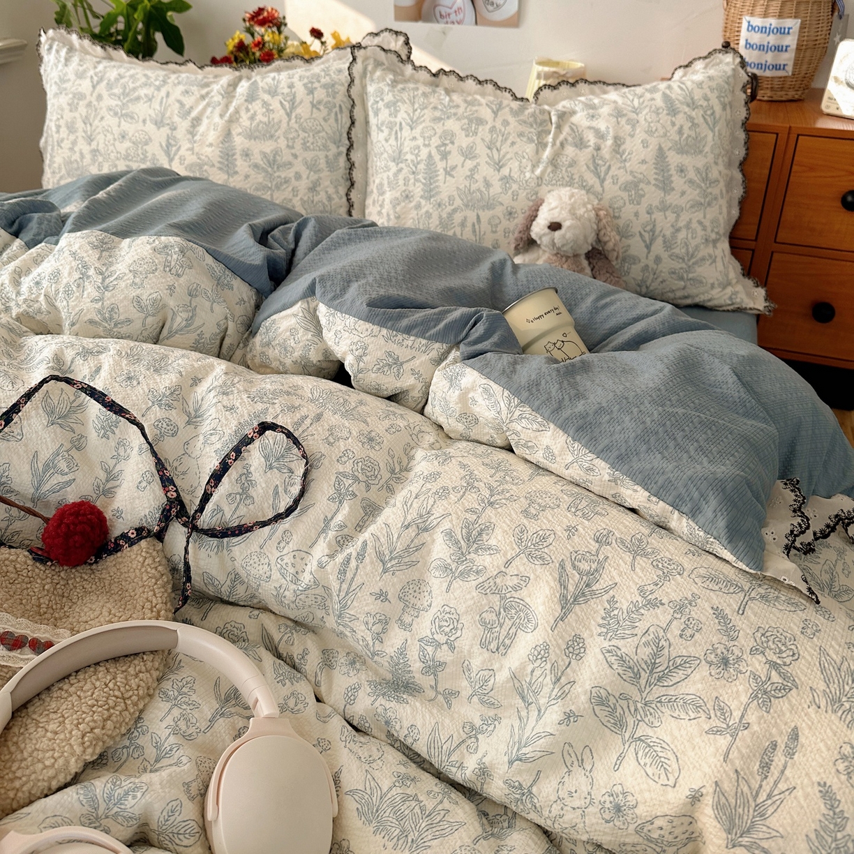 91家纺网 家纺一手货源 找家纺 顾里家纺 2026新款法式复古花边三层纱四件套（会员-2元） 墨染山茶