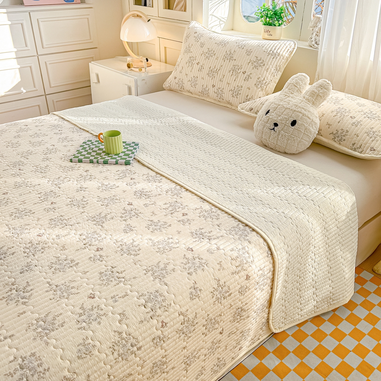 91家纺网 家纺一手货源 找家纺 慕澄家纺 2026新款小清新印花水洗棉床盖夏被四件套 蓝花樱桃