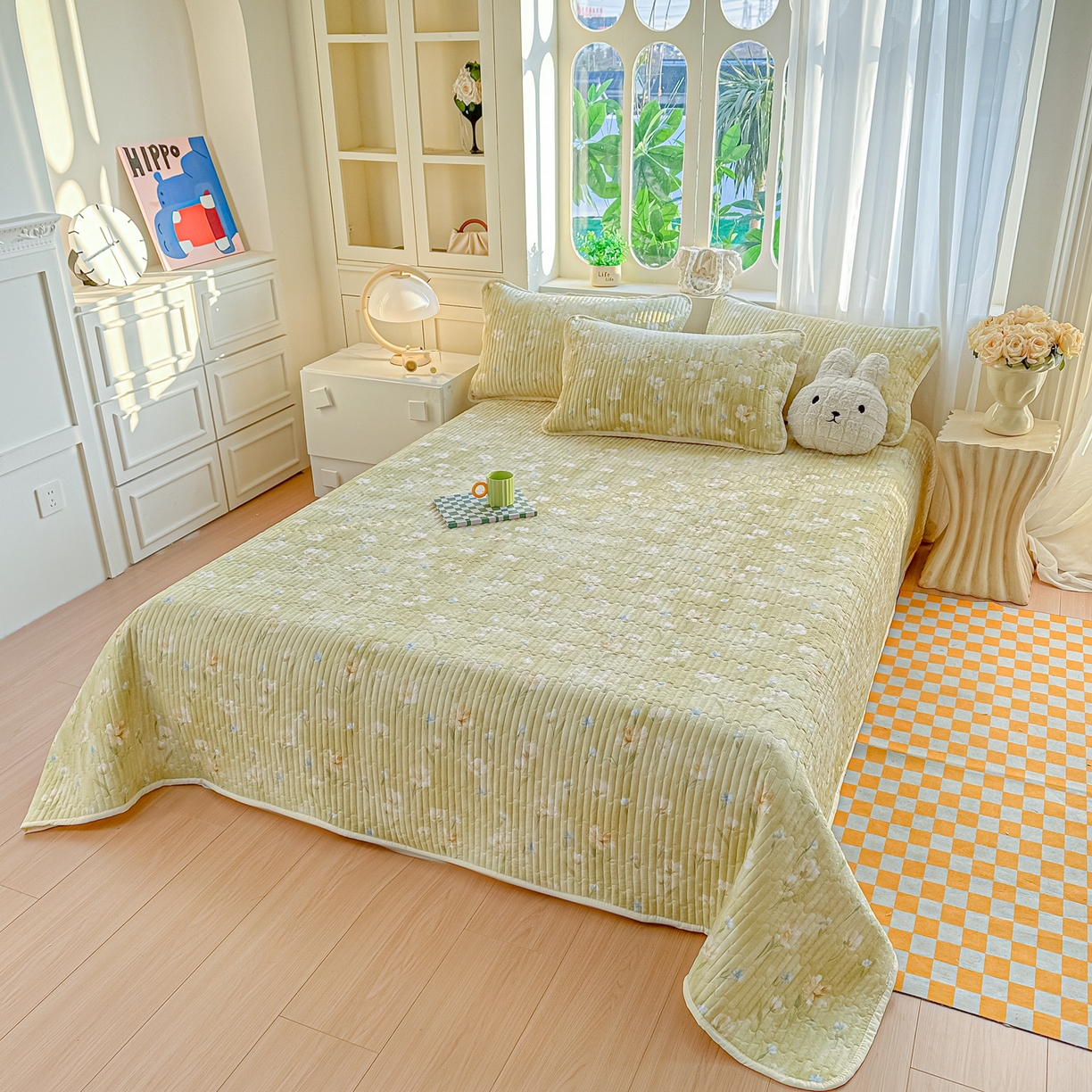 91家纺网 家纺一手货源 找家纺 慕澄家纺 2026新款小清新印花水洗棉床盖夏被四件套 绿尧