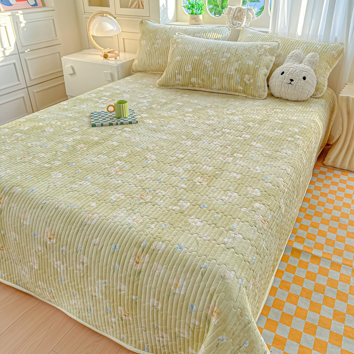 91家纺网 家纺一手货源 找家纺 慕澄家纺 2026新款小清新印花水洗棉床盖夏被四件套 绿尧