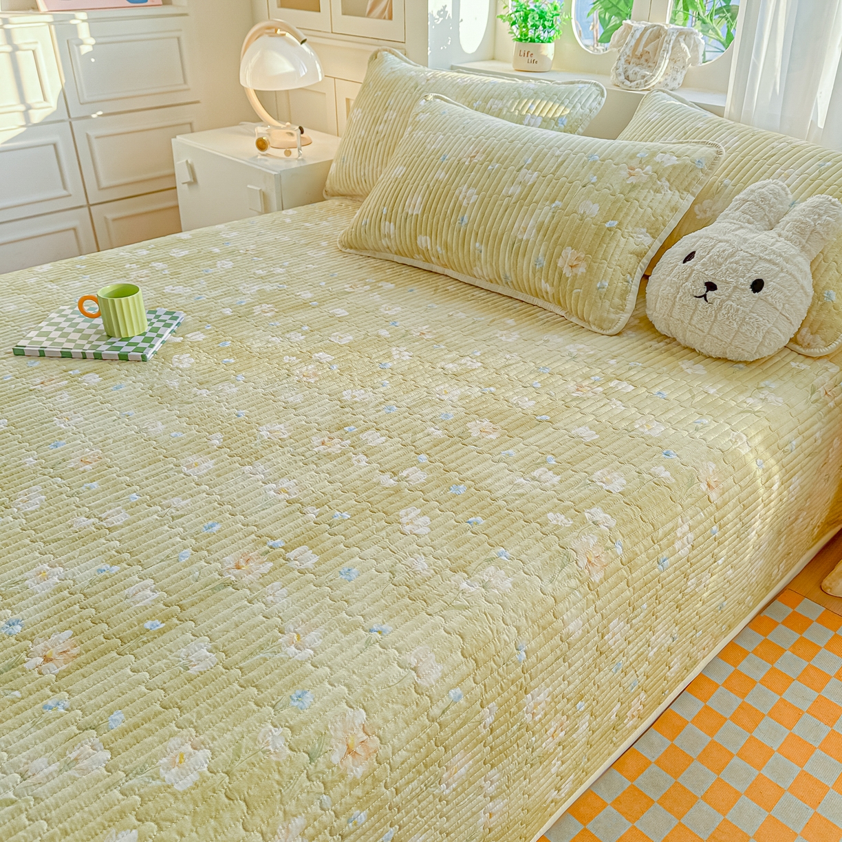 91家纺网 家纺一手货源 找家纺 慕澄家纺 2026新款小清新印花水洗棉床盖夏被四件套 绿尧