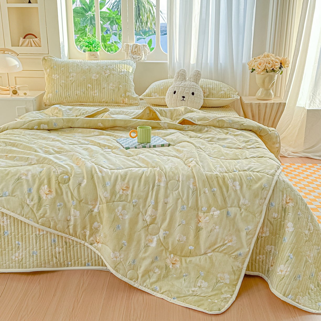 91家纺网 家纺一手货源 找家纺 慕澄家纺 2026新款小清新印花水洗棉床盖夏被四件套 绿尧