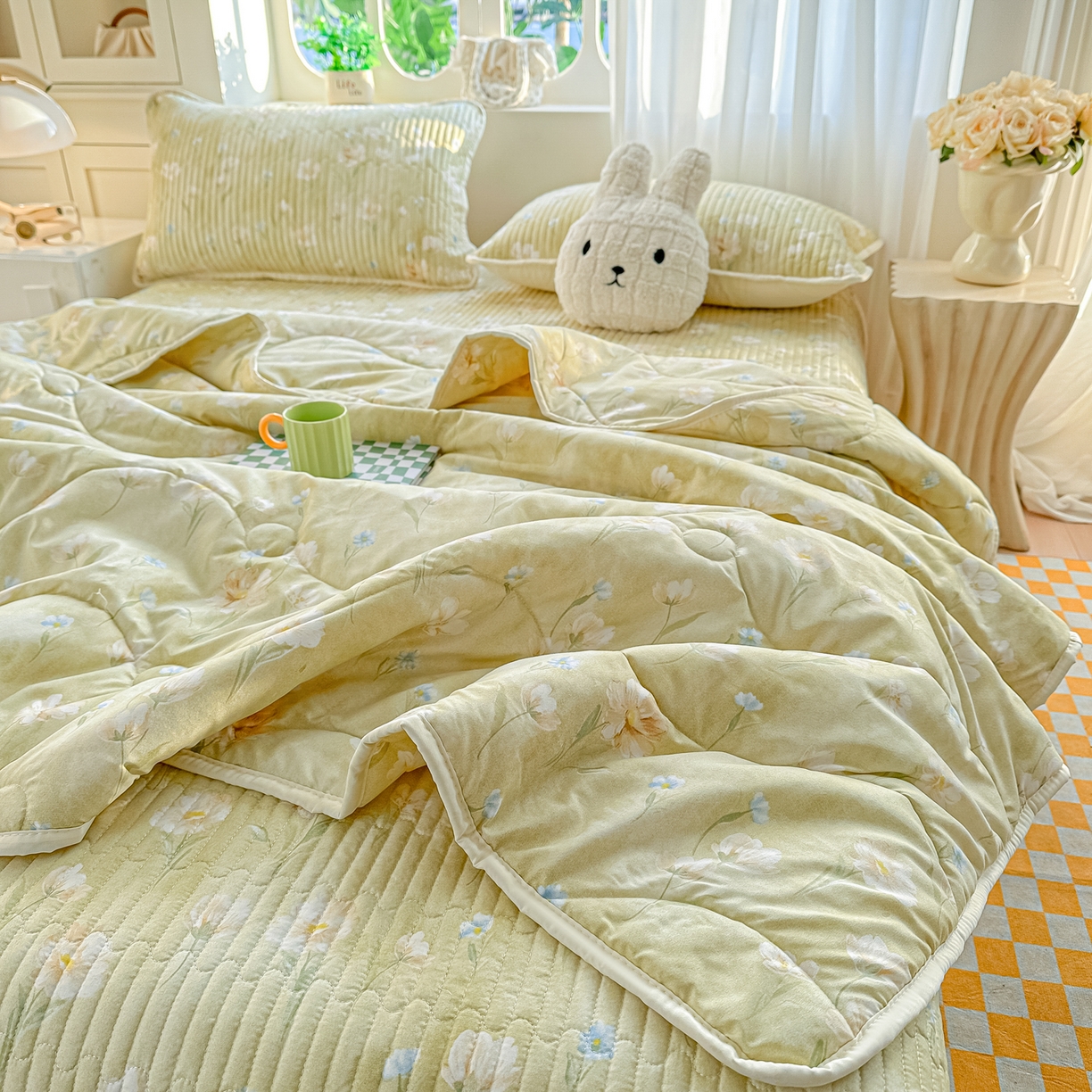 91家纺网 家纺一手货源 找家纺 慕澄家纺 2026新款小清新印花水洗棉床盖夏被四件套 绿尧