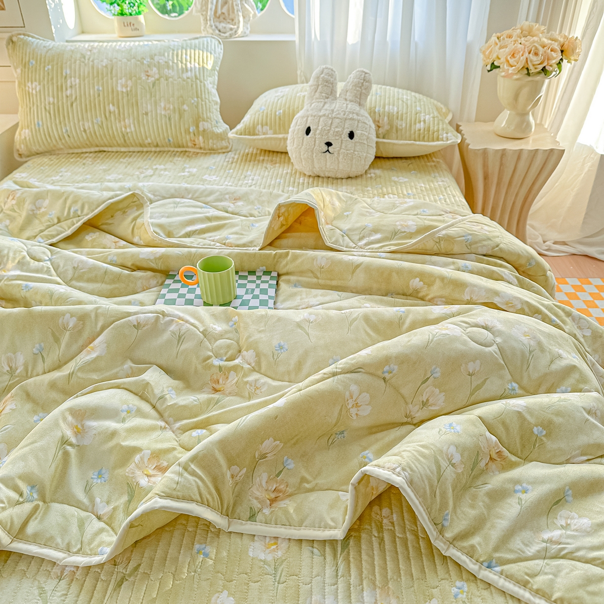 91家纺网 家纺一手货源 找家纺 慕澄家纺 2026新款小清新印花水洗棉床盖夏被四件套 绿尧