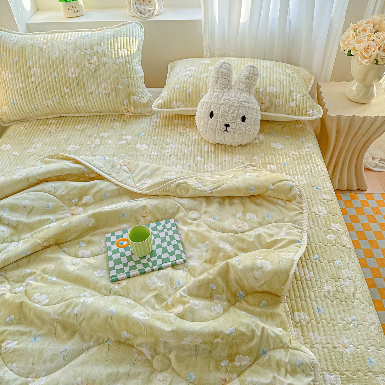 91家纺网 家纺一手货源 找家纺 慕澄家纺 2026新款小清新印花水洗棉床盖夏被四件套 绿尧