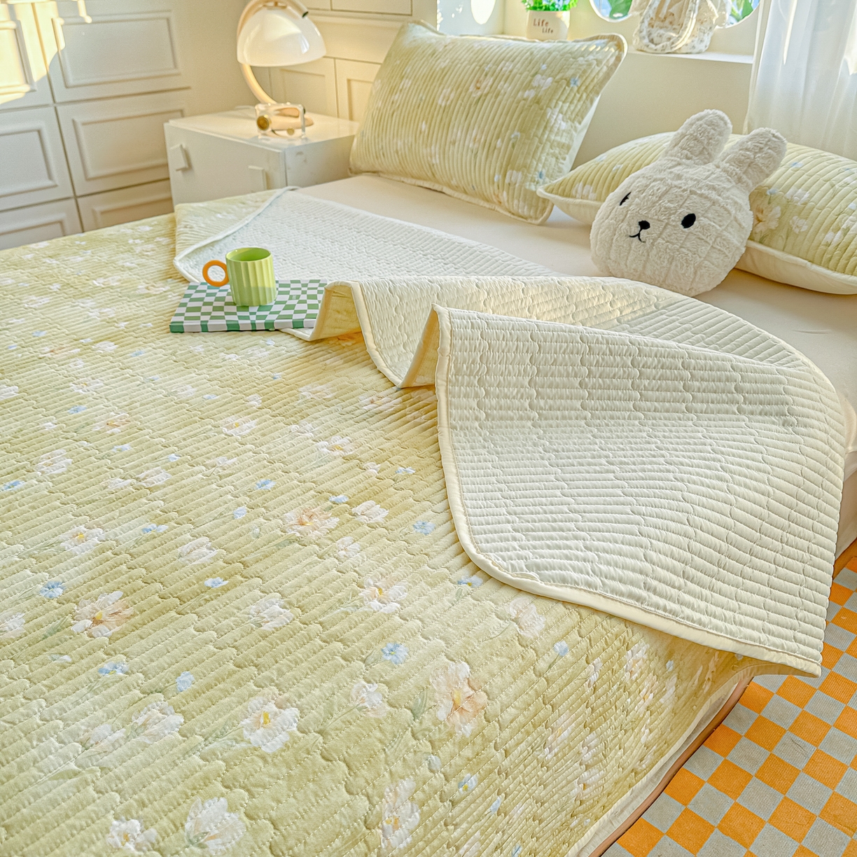 91家纺网 家纺一手货源 找家纺 慕澄家纺 2026新款小清新印花水洗棉床盖夏被四件套 绿尧