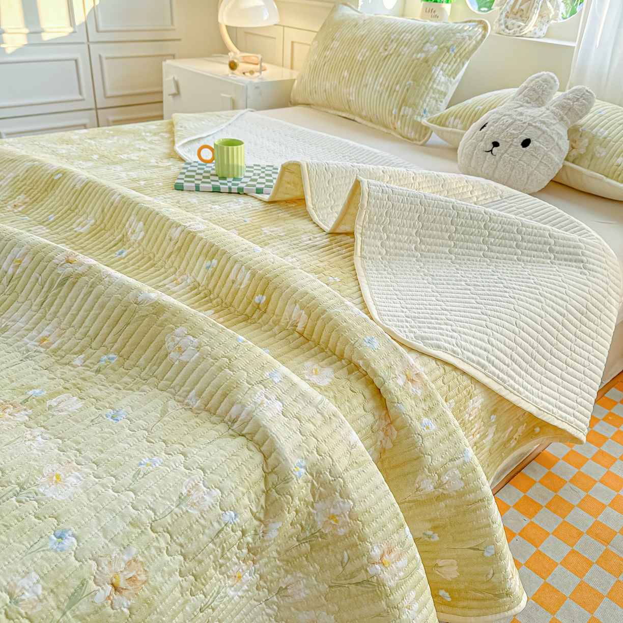 91家纺网 家纺一手货源 找家纺 慕澄家纺 2026新款小清新印花水洗棉床盖夏被四件套 绿尧