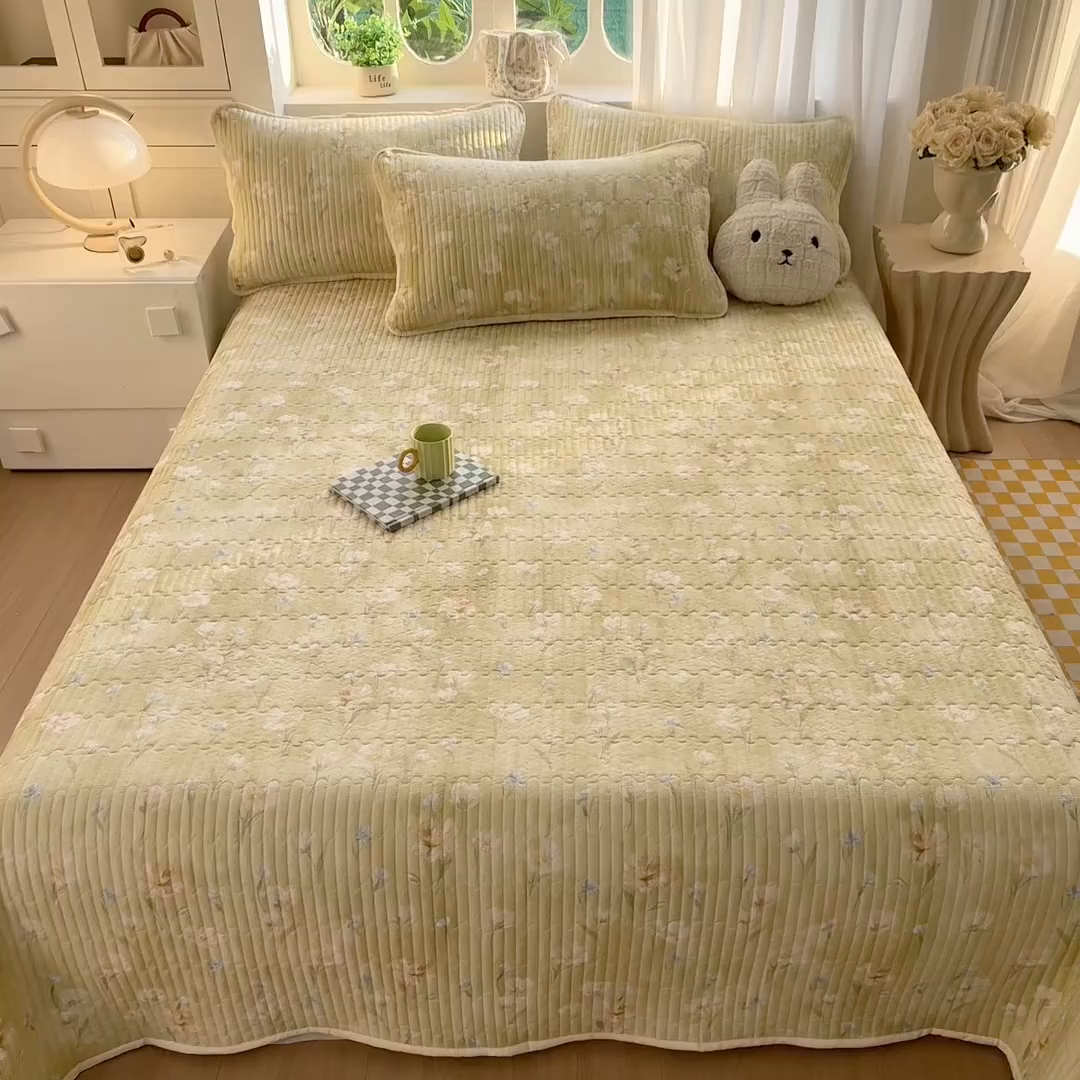 91家纺网 家纺一手货源 找家纺 慕澄家纺 2026新款小清新印花水洗棉床盖夏被四件套 绿尧