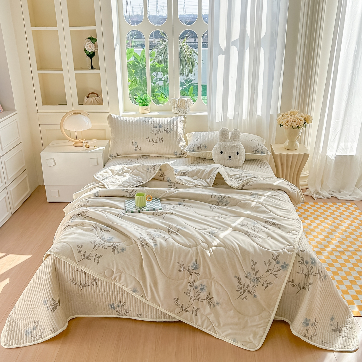 91家纺网 家纺一手货源 找家纺 慕澄家纺 2026新款小清新印花水洗棉床盖夏被四件套 汀兰